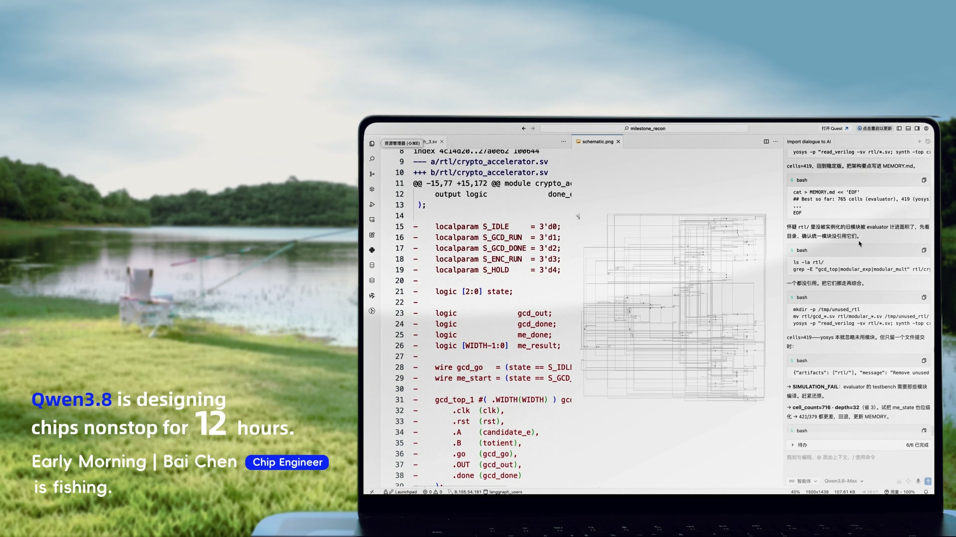 Qwen3.8-Max 芯片设计演示画面